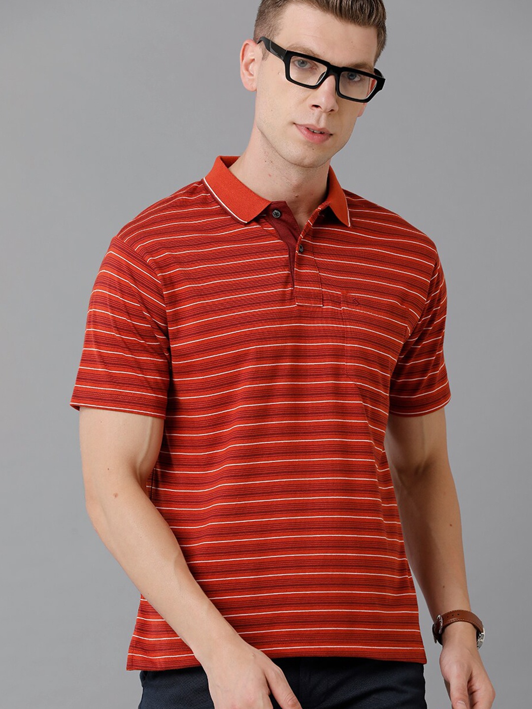 

Classic Polo Men Red & Maroon Striped Polo Collar T-shirt