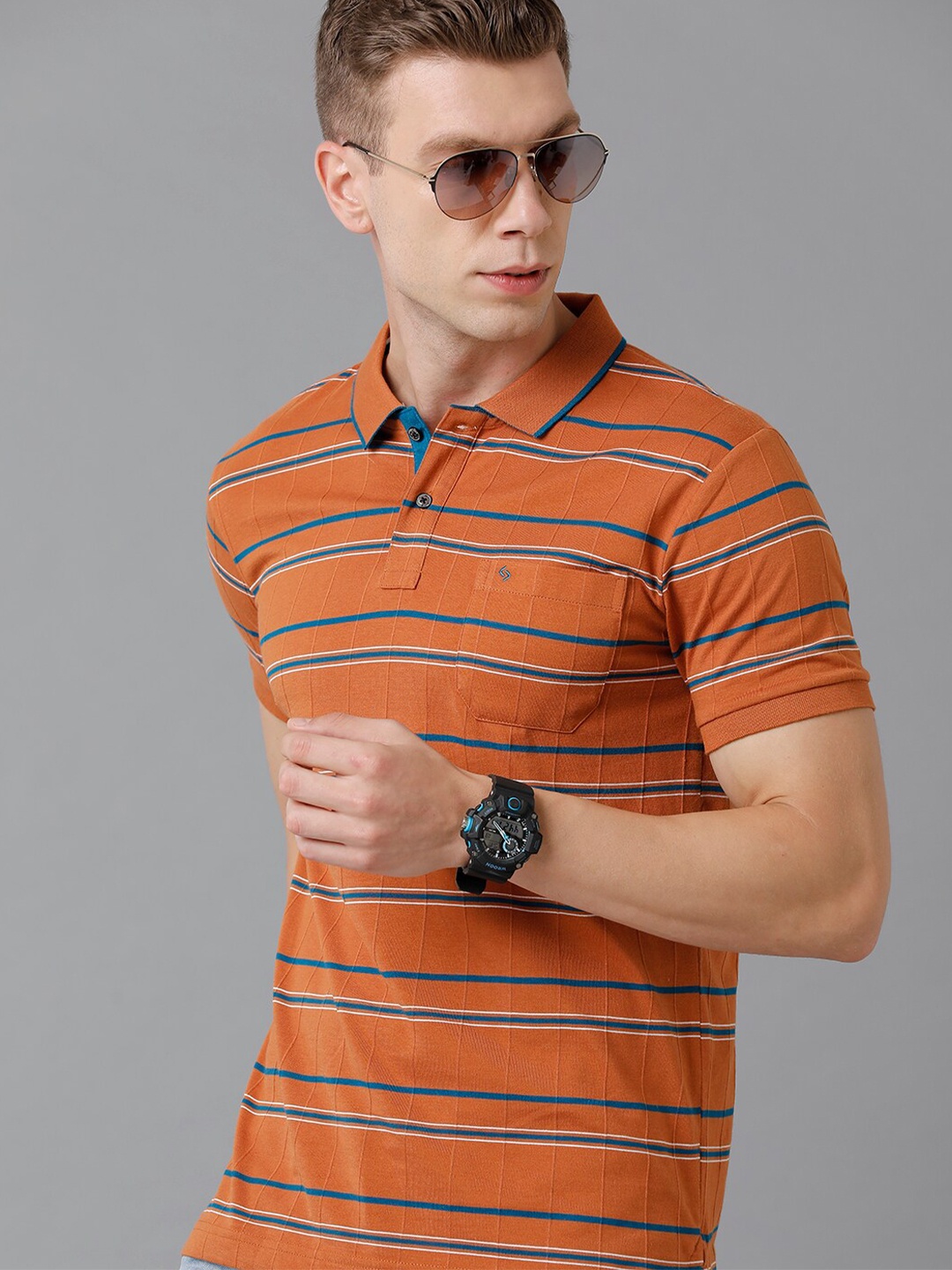 

Classic Polo Men Orange & Teal Striped Polo Collar Slim Fit T-shirt