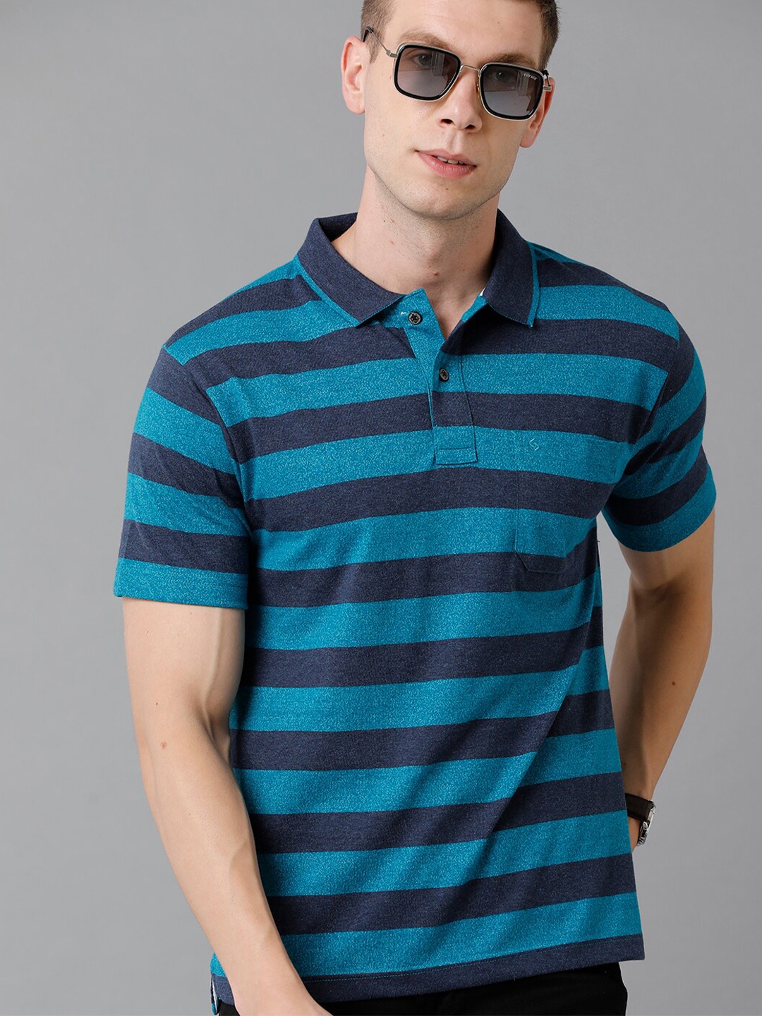 

Classic Polo Men Blue & Black Striped Polo Collar Cotton T-shirt