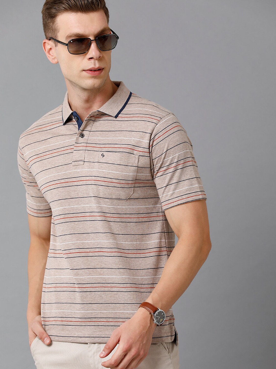 

Classic Polo Men Beige & Navy Blue Striped Polo Collar Cotton T-shirt