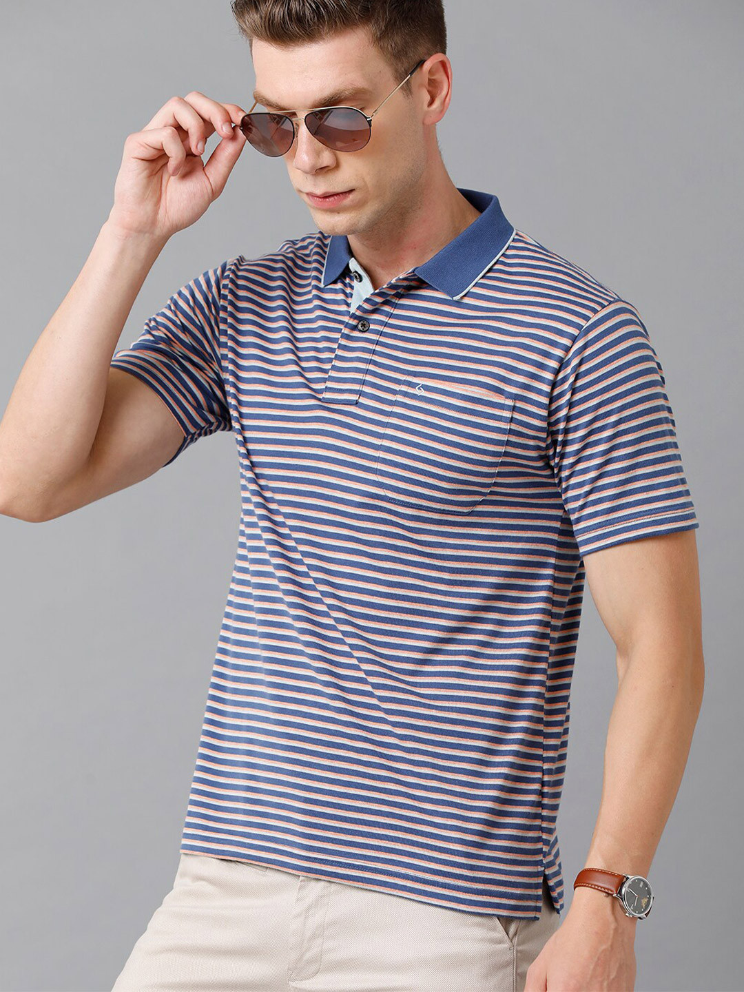 

Classic Polo Men Blue & Beige Striped Polo Collar Cotton T-shirt
