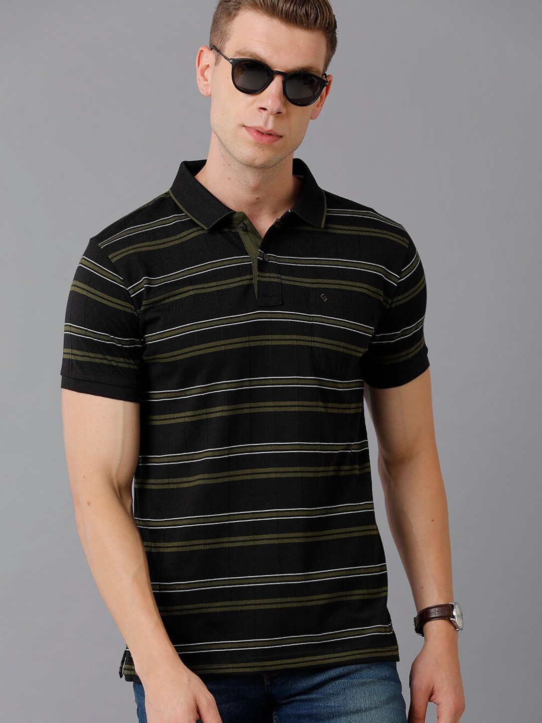 

Classic Polo Men Black & Olive Green Striped Polo Collar Slim Fit Cotton T-shirt