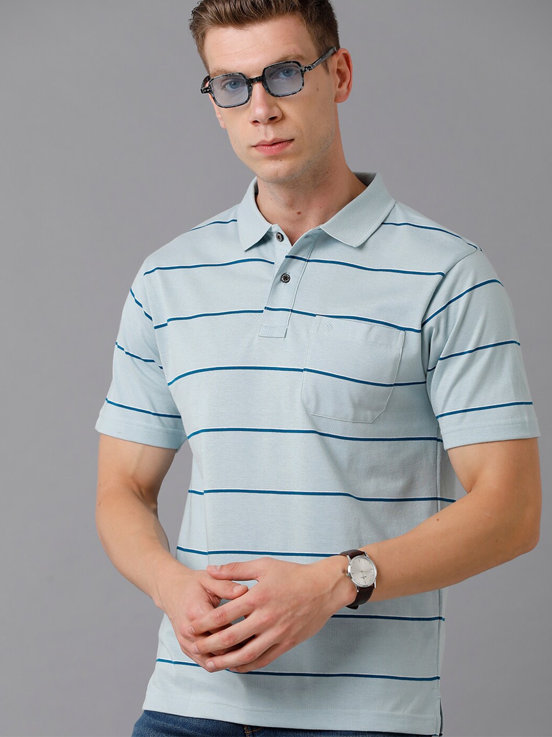 

Classic Polo Men Blue Striped Polo Collar Cotton T-shirt