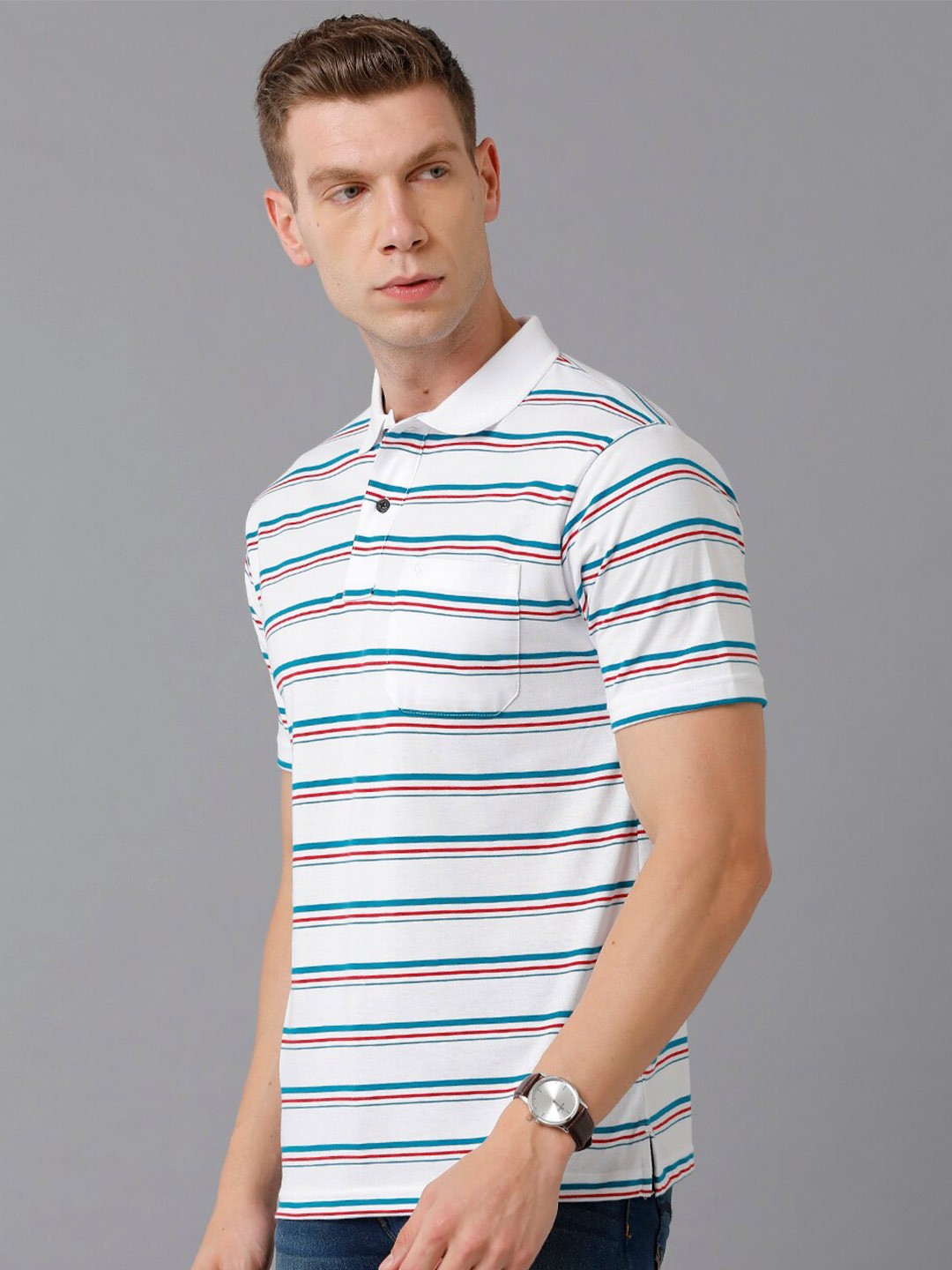 

Classic Polo Men White & Blue Striped Polo Collar Cotton T-shirt