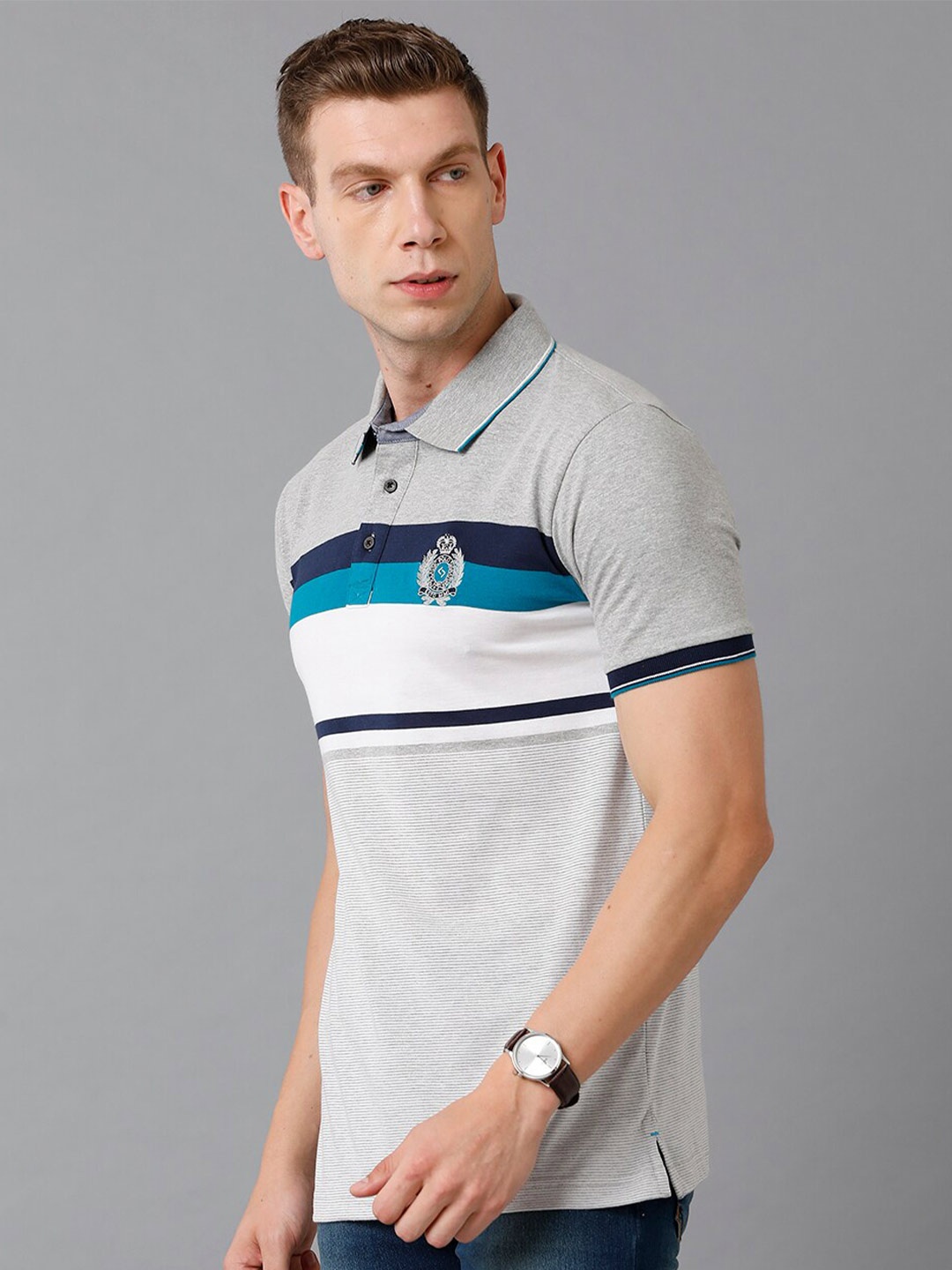 

Classic Polo Men Grey & White Striped Polo Collar Slim Fit Cotton T-shirt