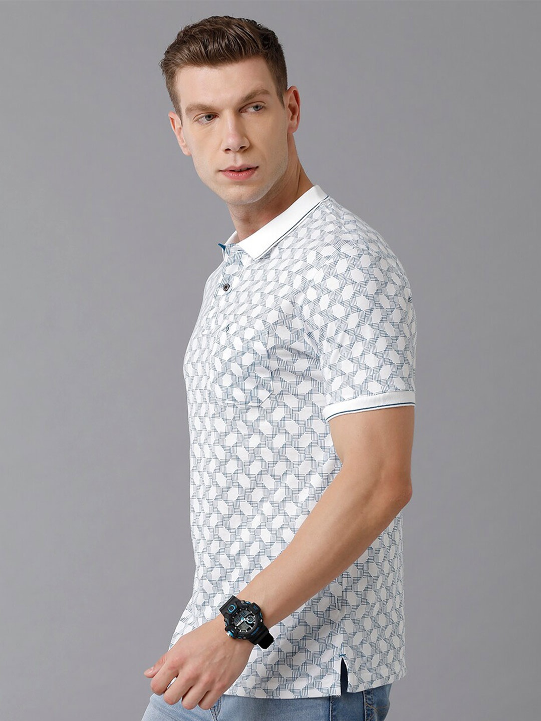 

Classic Polo Men White Geometric Printed Polo Collar Cotton T-shirt