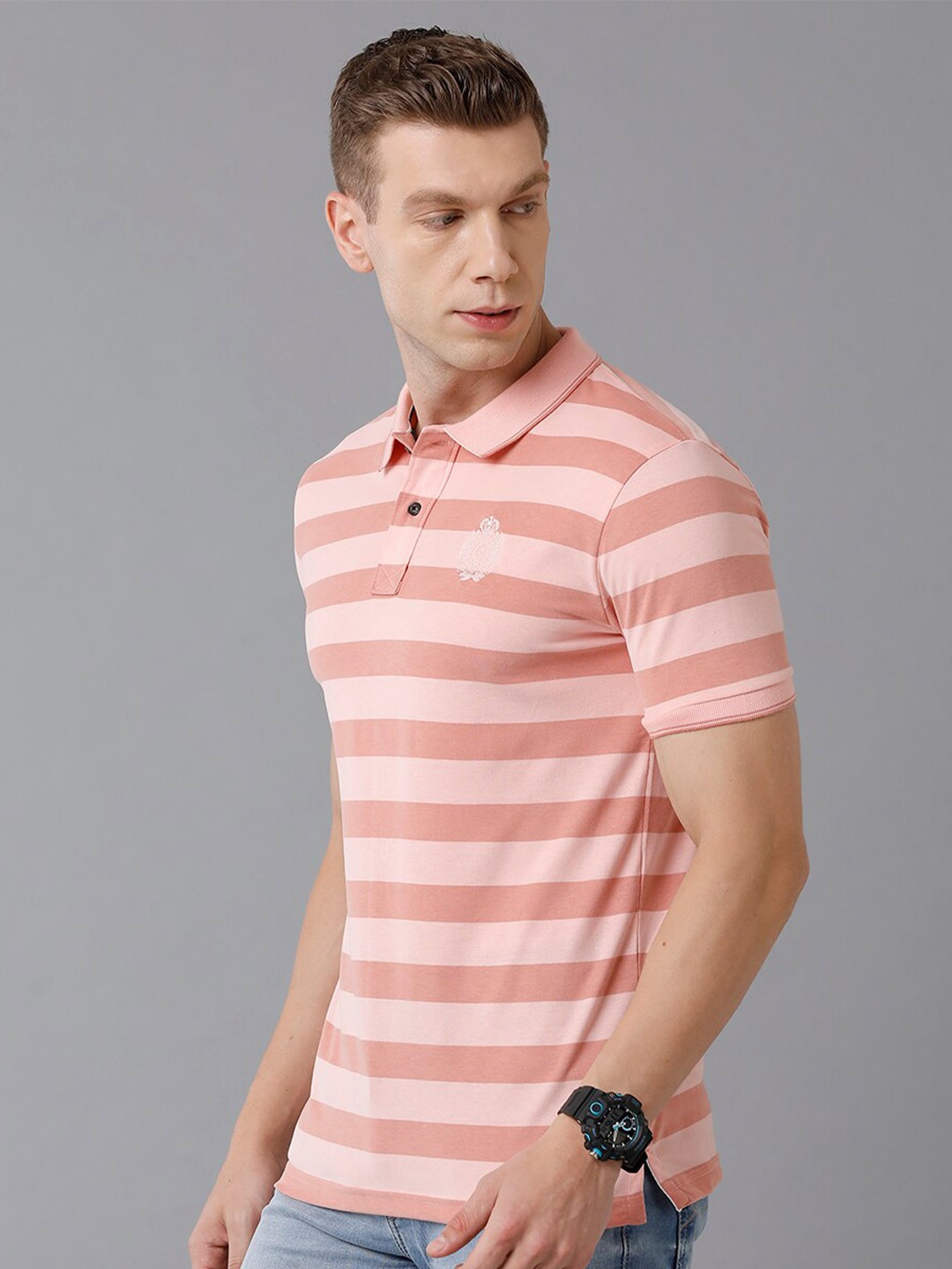 

Classic Polo Men Peach Striped Polo Collar Cotton T-shirt