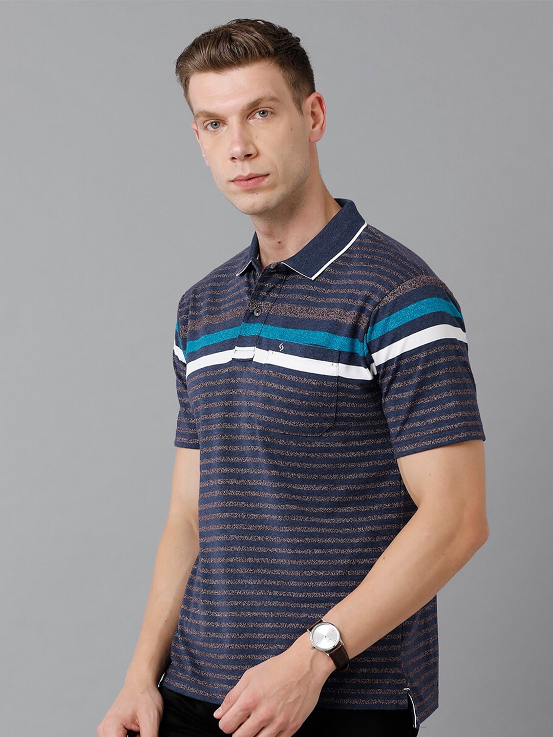 

Classic Polo Men Grey Melange Striped Cotton T-shirt