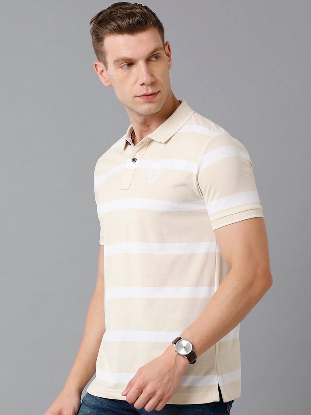 

Classic Polo Men Beige Striped Polo Collar Cotton Slim Fit T-shirt