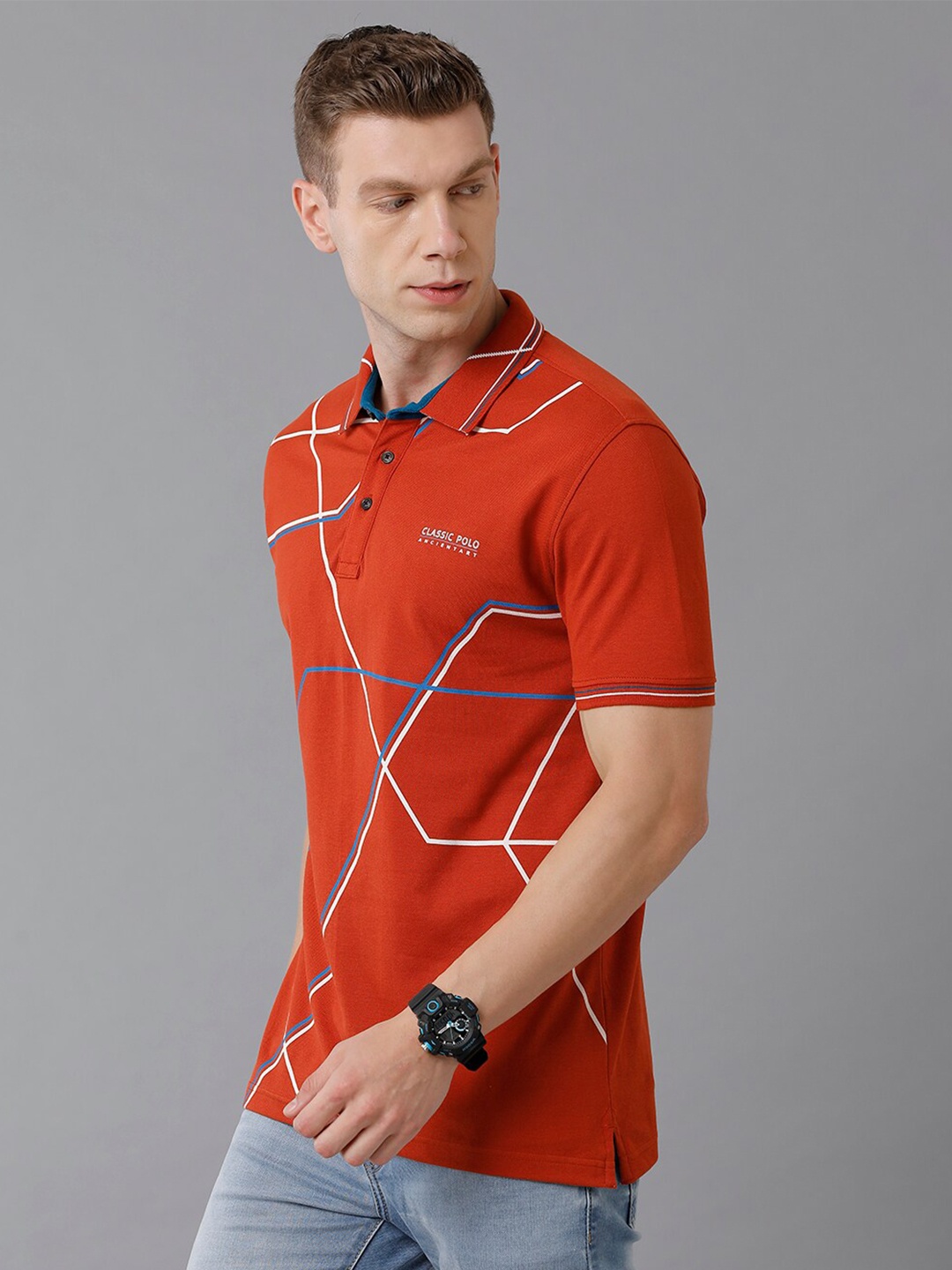 

Classic Polo Men Red Printed Polo Collar Cotton Slim Fit T-shirt