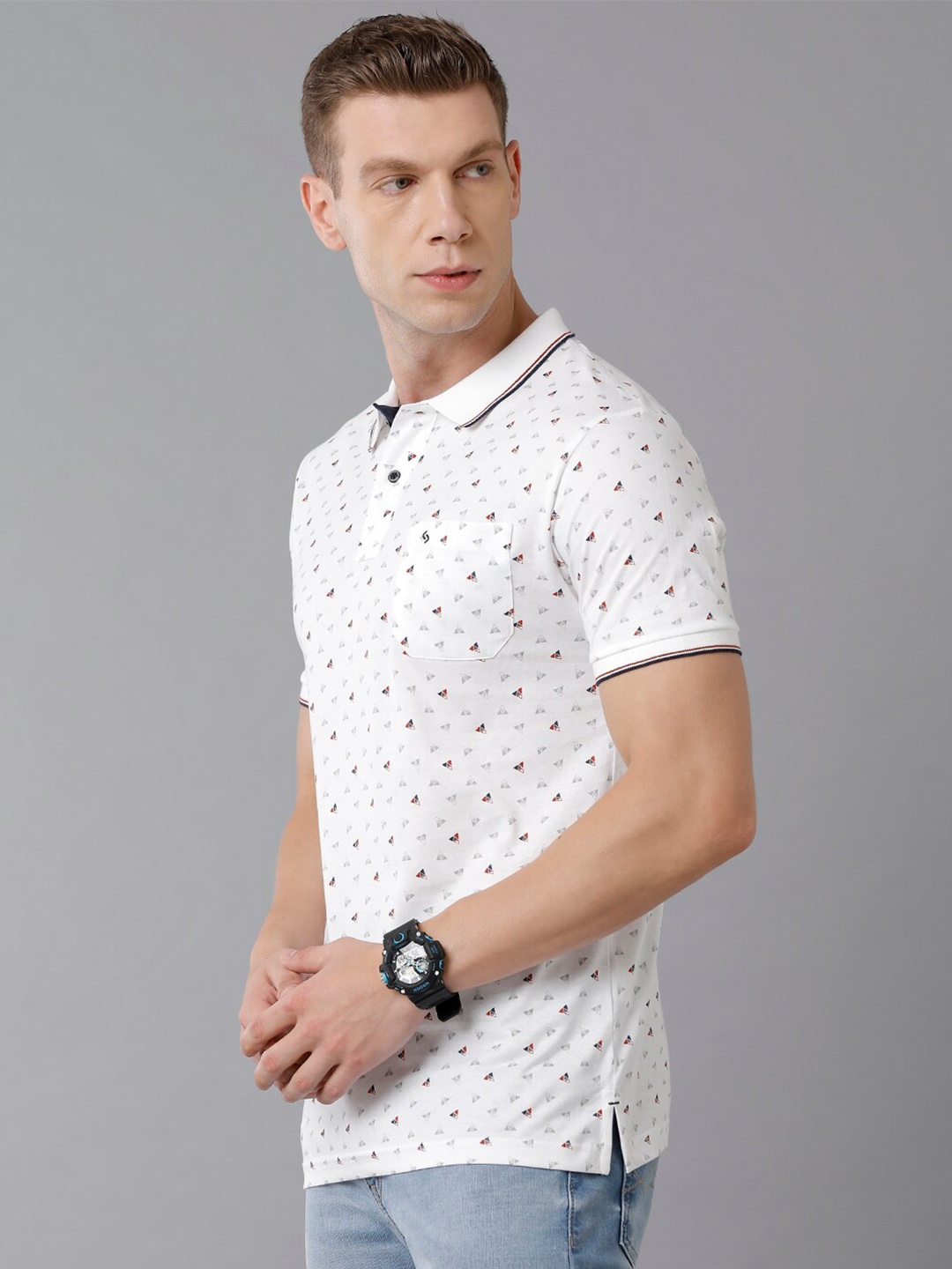

Classic Polo Men White Printed Polo Collar Slim Fit Cotton T-shirt