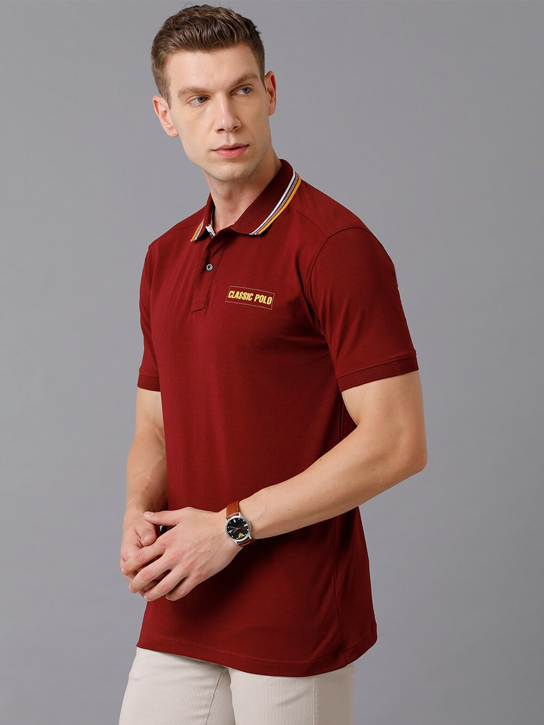 

Classic Polo Men Maroon Polo Collar Slim Fit Cotton T-shirt