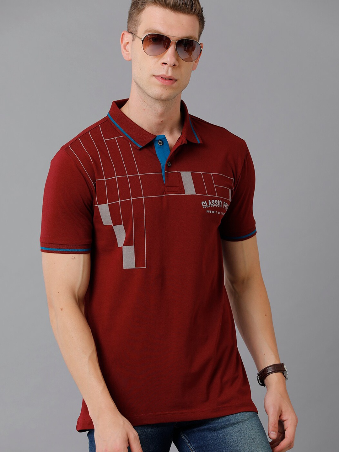 

Classic Polo Men Maroon & Grey Checked Polo Collar Slim Fit T-shirt