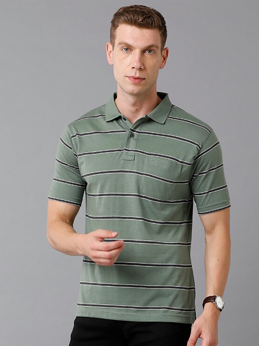 

Classic Polo Men Green Striped Polo Collar T-shirt