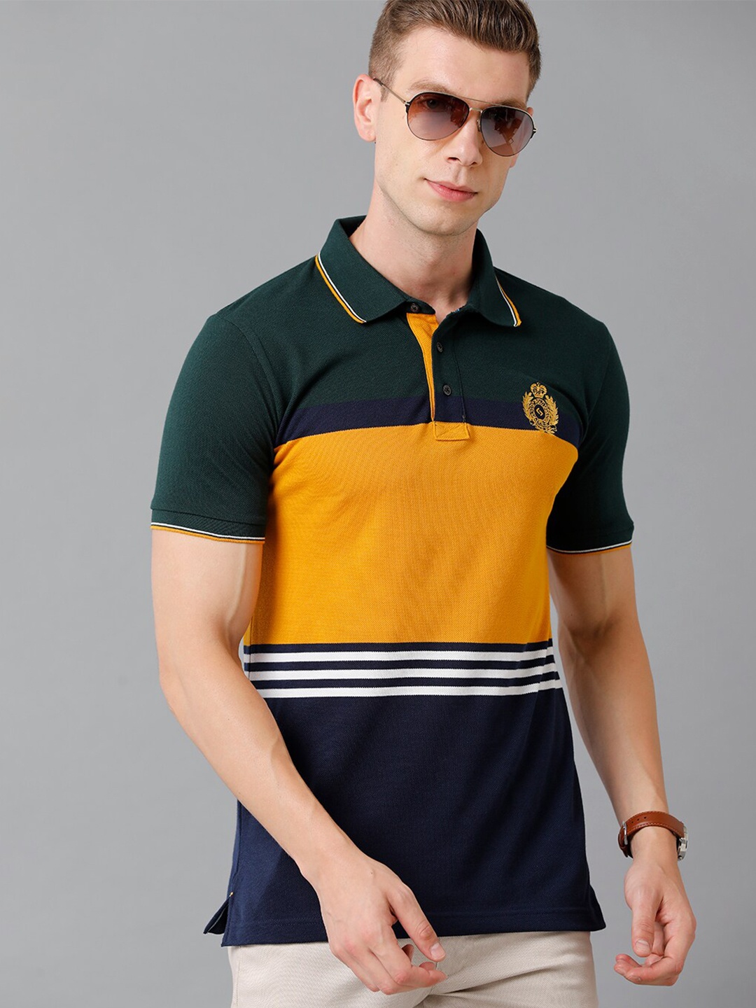 

Classic Polo Men Green & Yellow Colourblocked Polo Collar Slim Fit T-shirt