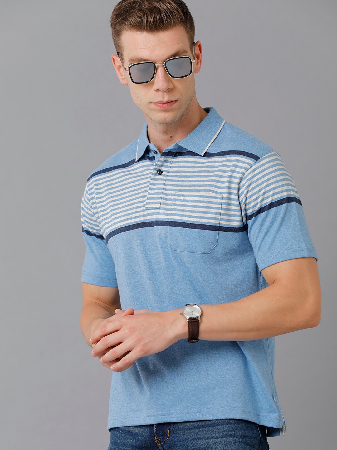 

Classic Polo Men Blue Striped Polo Collar T-shirt