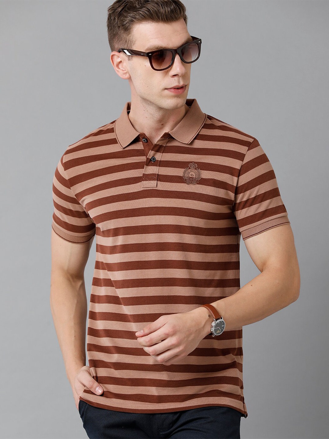 

Classic Polo Men Brown & Coffee Brown Striped Polo Collar Slim Fit T-shirt