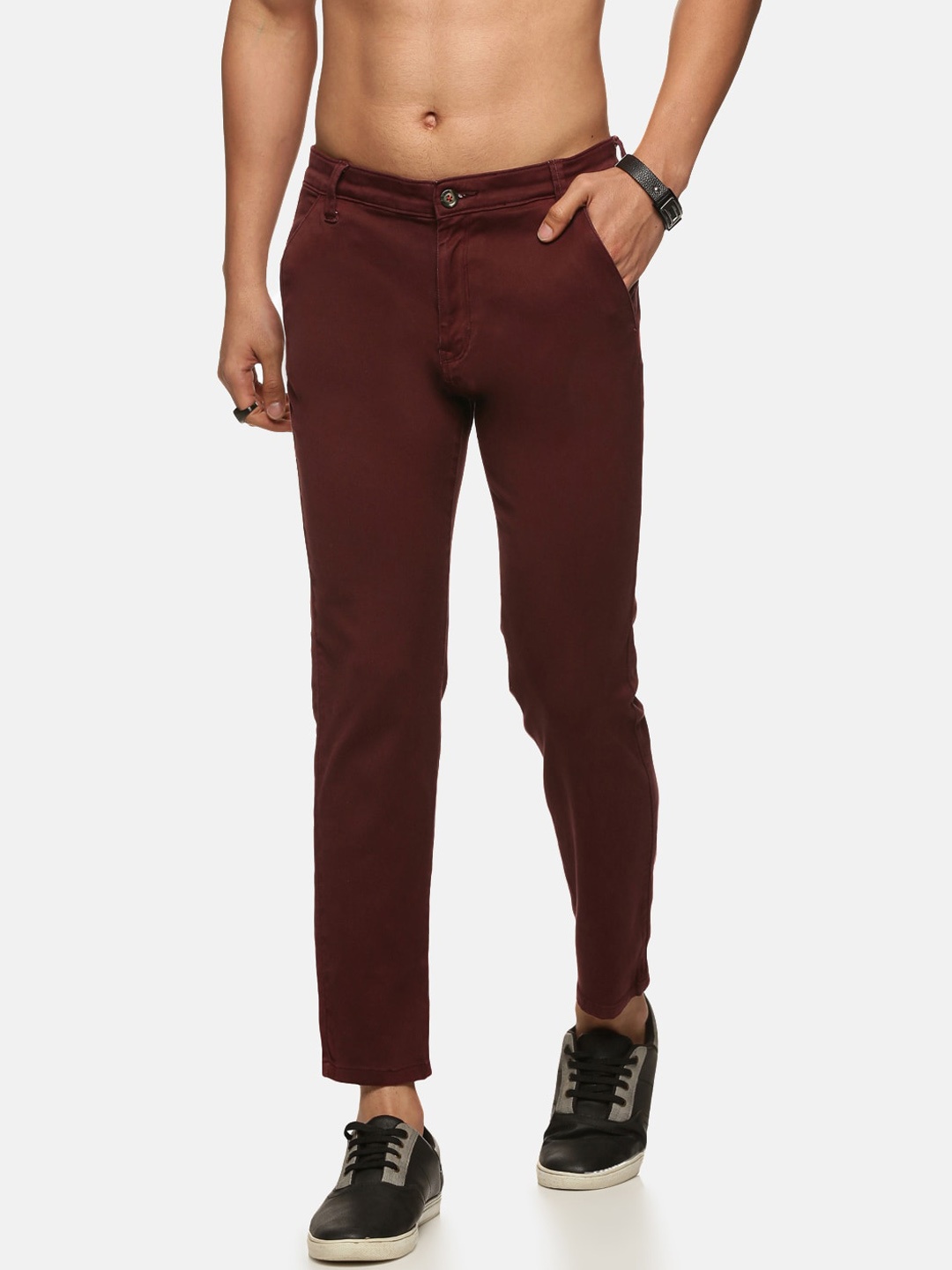 

Old Grey Men Stretchable Cotton Slim Fit High-Rise Trousers, Maroon