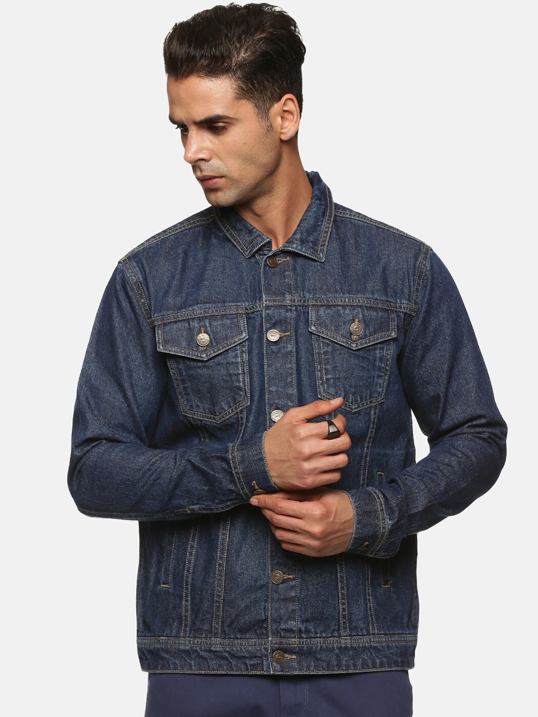 

Old Grey Men Navy Blue Washed Pure Cotton Denim Jacket