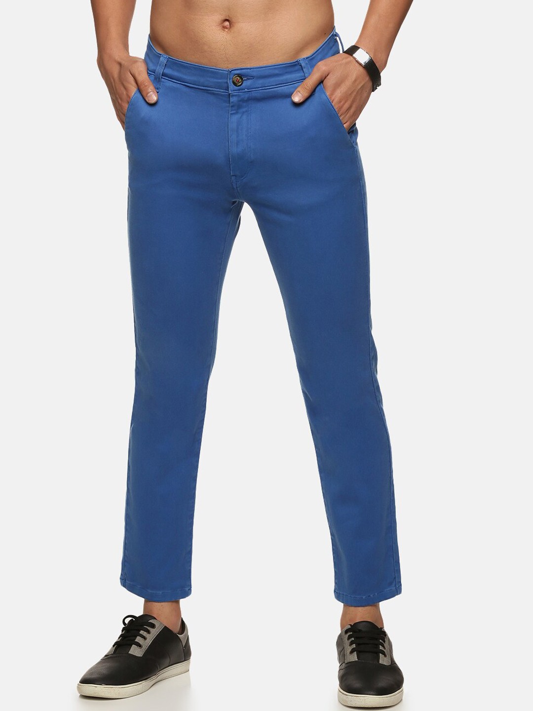 

Old Grey Men Stretchable Slim Fit High-Rise Cotton Trousers, Blue