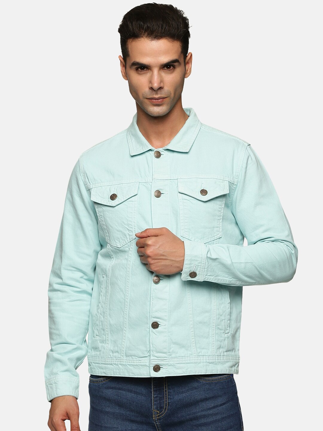 

Old Grey Men Sea Green Cotton Denim Jacket