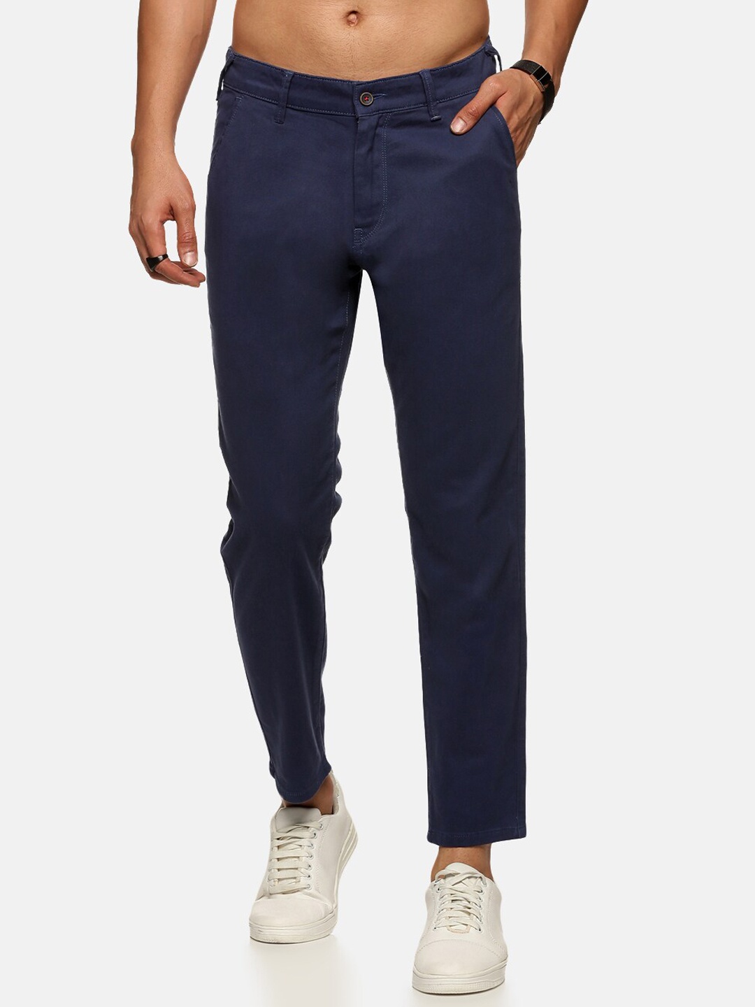 

Old Grey Men Stretchable Slim Fit High-Rise Cotton Trousers, Navy blue