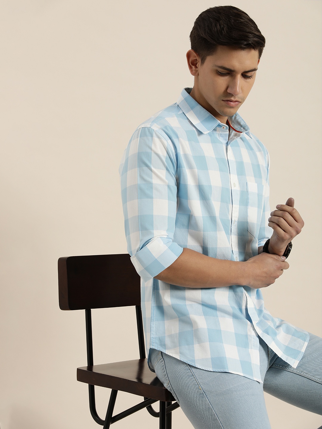 

INVICTUS Men Sport Slim Fit Windowpane Checks Casual Shirt, Blue