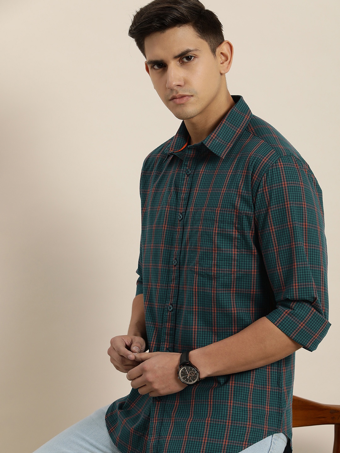 

INVICTUS Men Pure Cotton Sport Slim Fit Checked Casual Shirt, Green