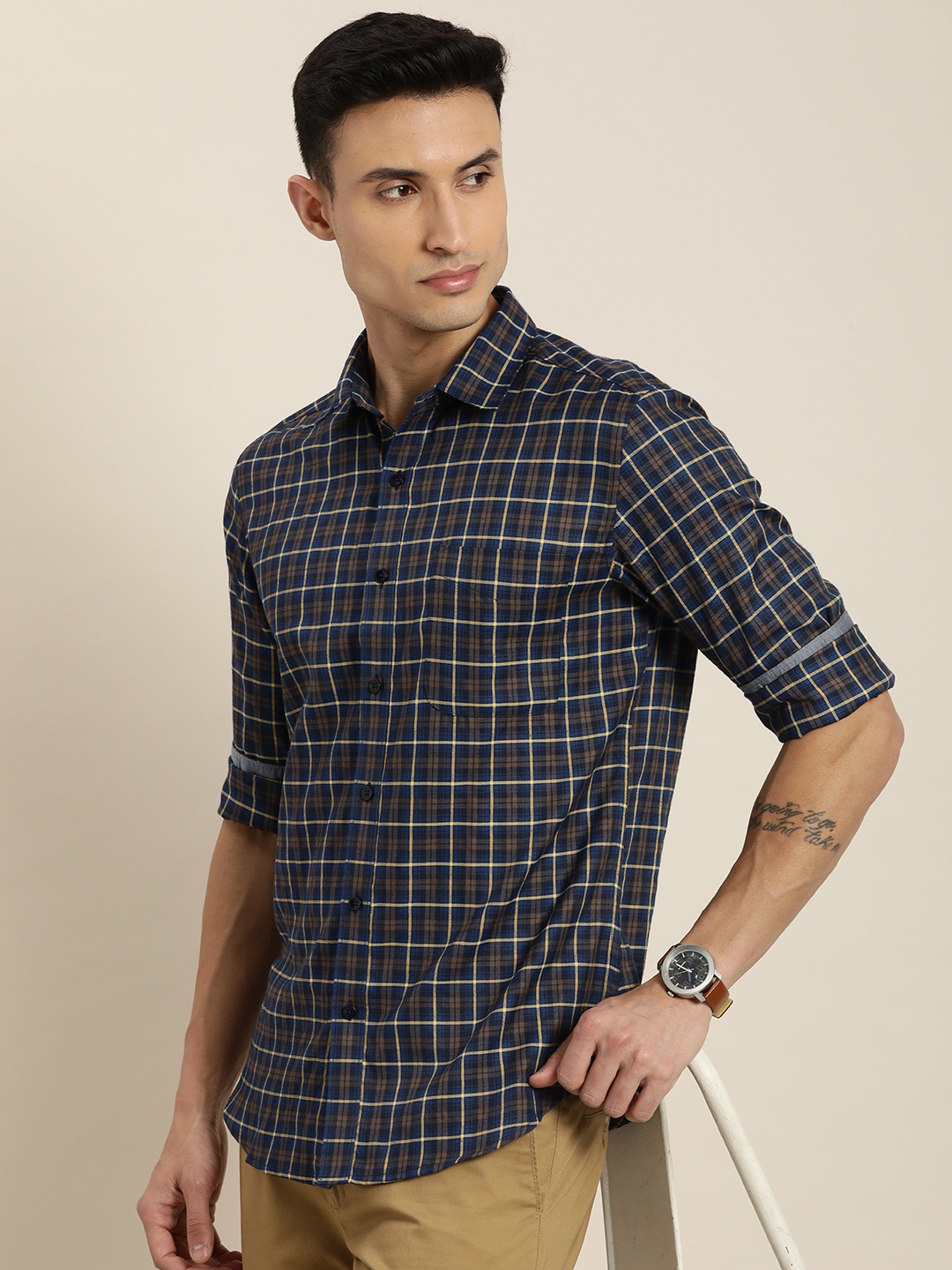 

INVICTUS Slim Fit Tartan Checked Casual Shirt, Navy blue