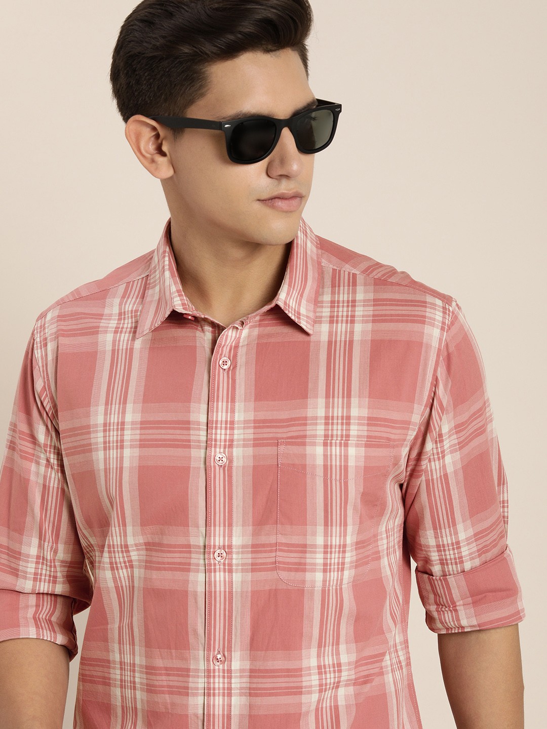 

INVICTUS Men Slim Fit Tartan Checks Casual Shirt, Pink