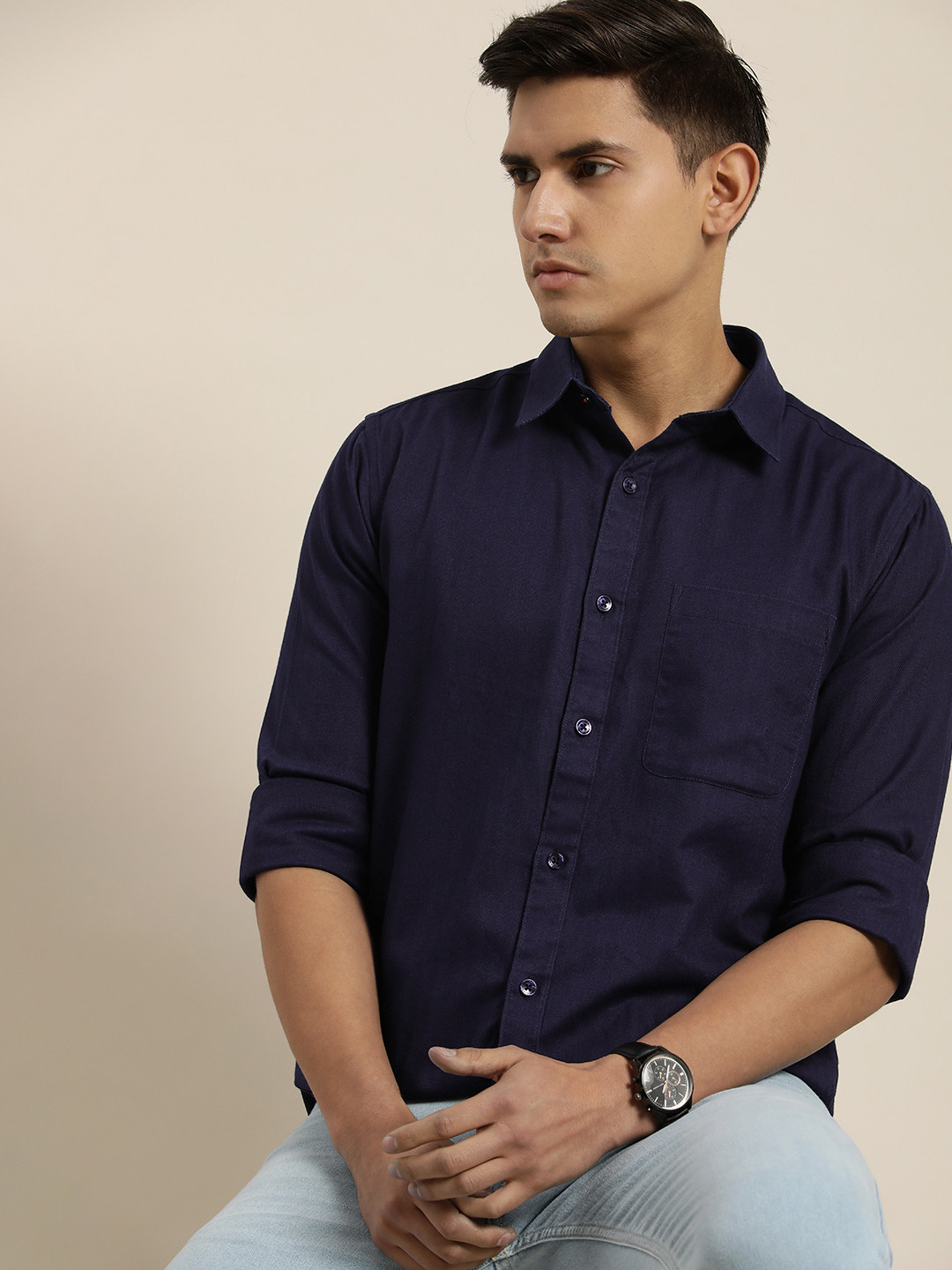 

INVICTUS Men Pure Cotton Sport Slim Fit Striped Casual Shirt, Navy blue