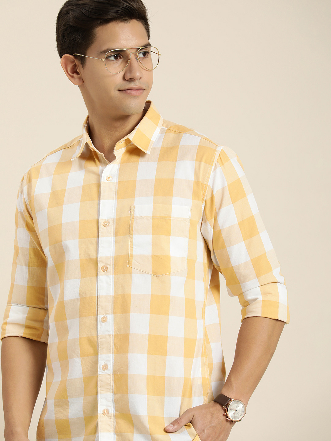 

INVICTUS Men Slim Fit Buffalo Checks Pure Cotton Casual Shirt, Yellow