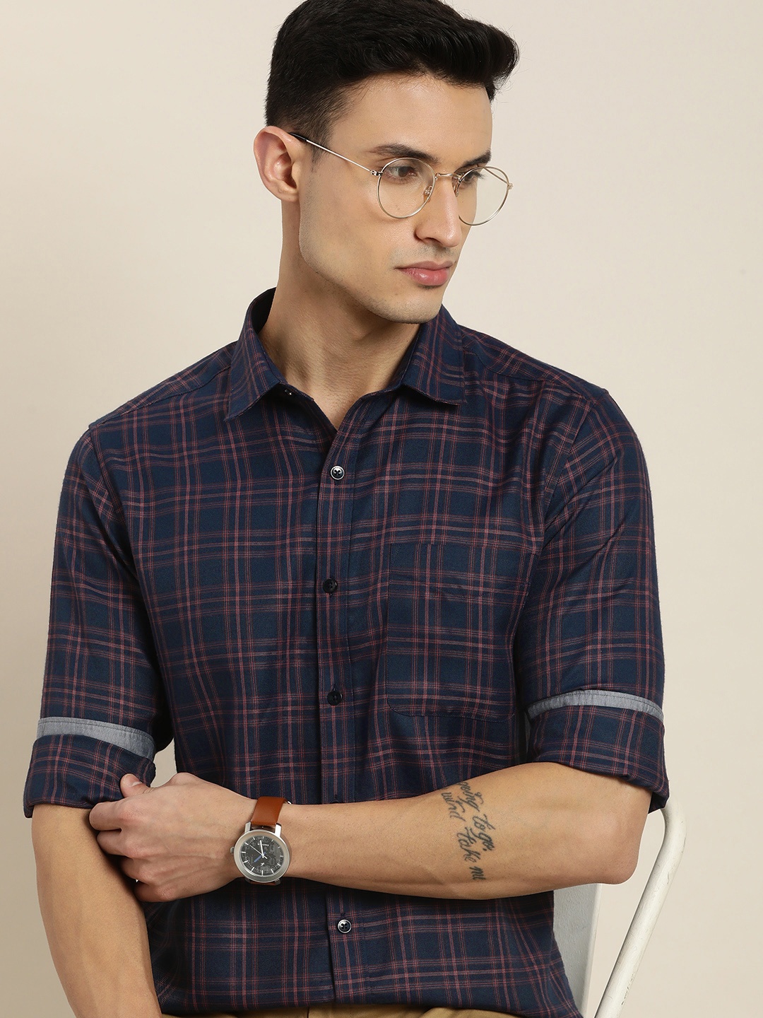 

INVICTUS Slim Fit Tartan Checked Casual Shirt, Navy blue