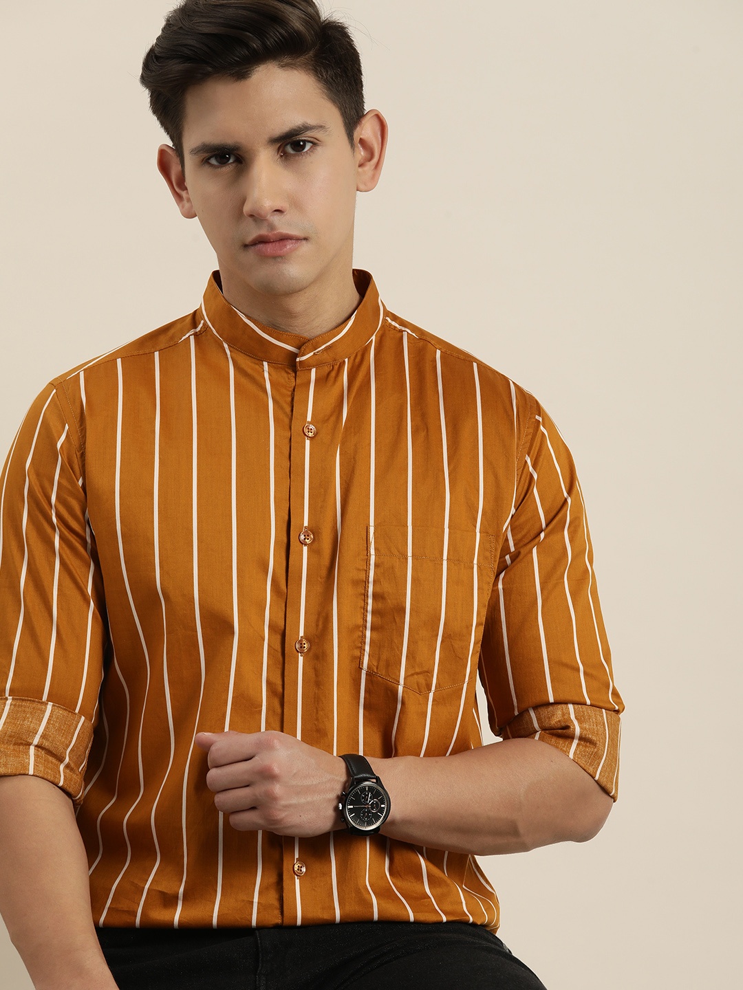 

INVICTUS Men Sport Slim Fit Striped Pure Cotton Casual Shirt, Mustard