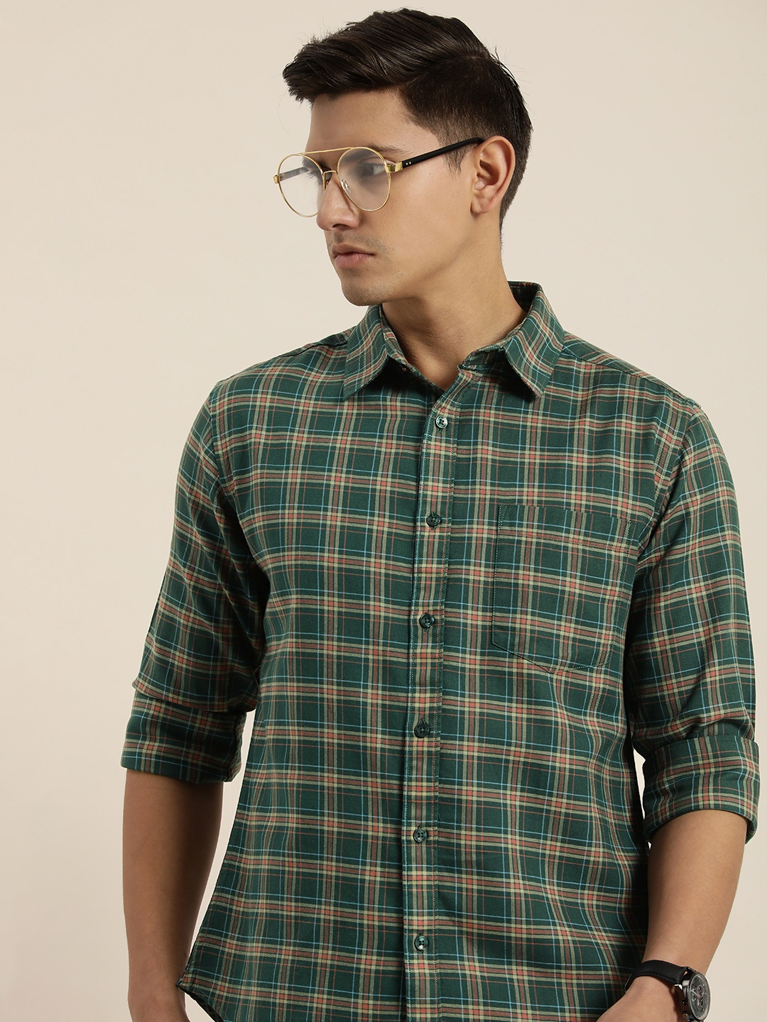 

INVICTUS Men Pure Cotton Sport Slim Fit Tartan Checks Casual Shirt, Green