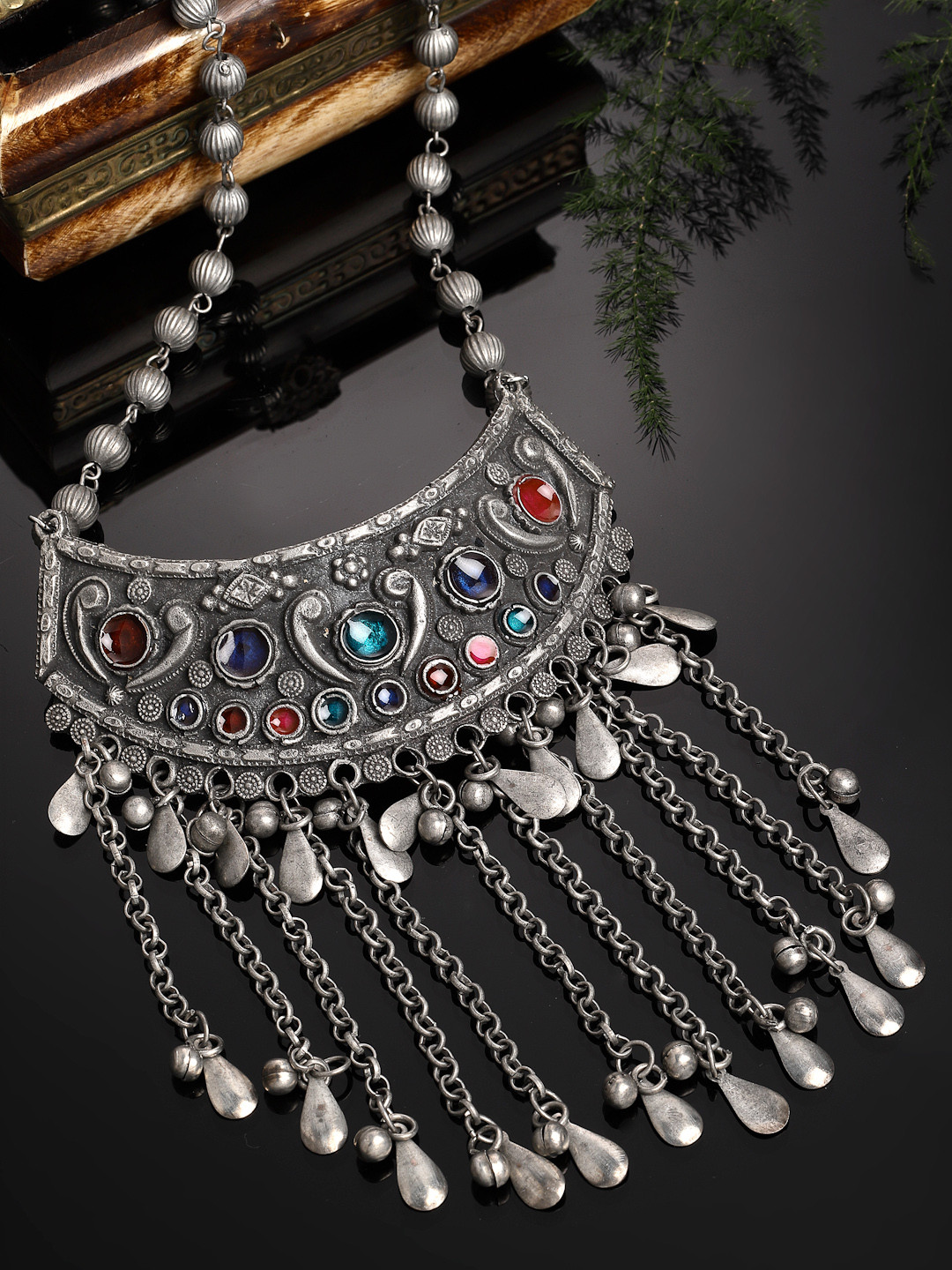 

PANASH Silver-Toned & Blue German Silver Oxidised Necklace