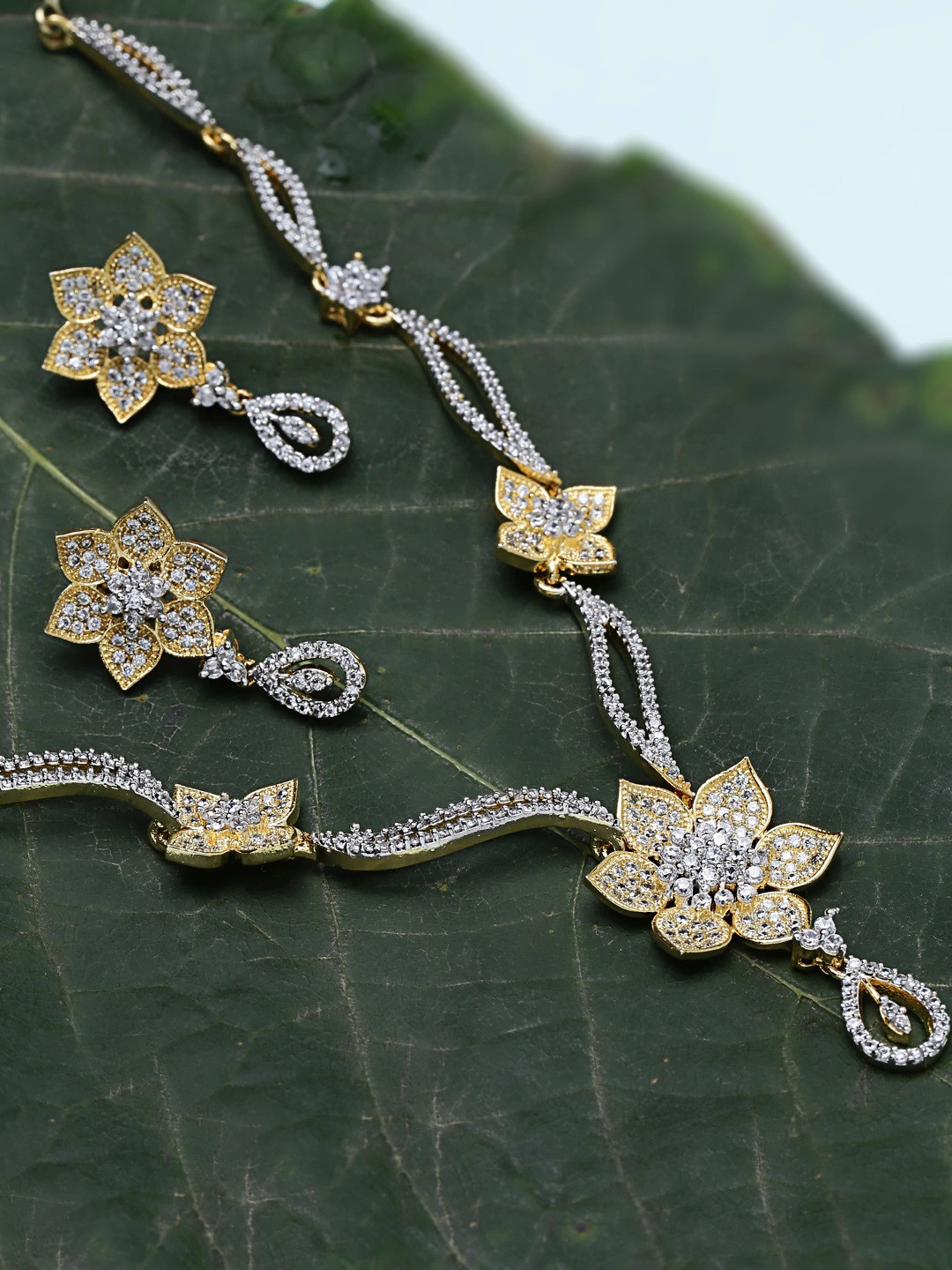 

PANASH Gold-Plated White CZ Studded Jewellery Set