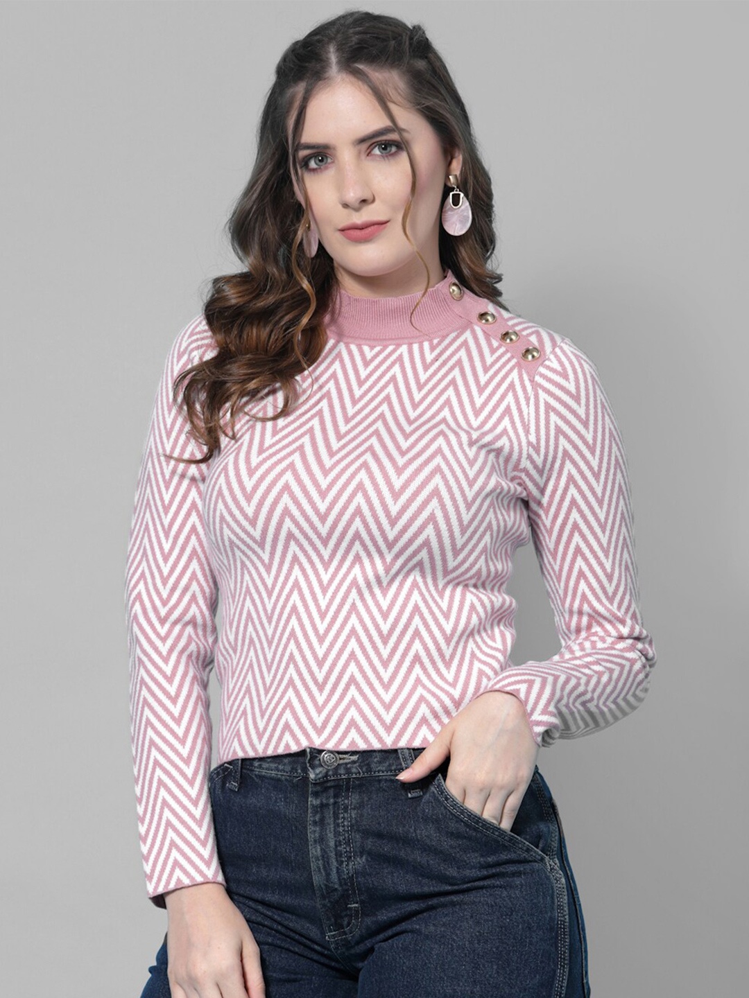 

Mafadeny Women Peach-Coloured & White Crop Pullover