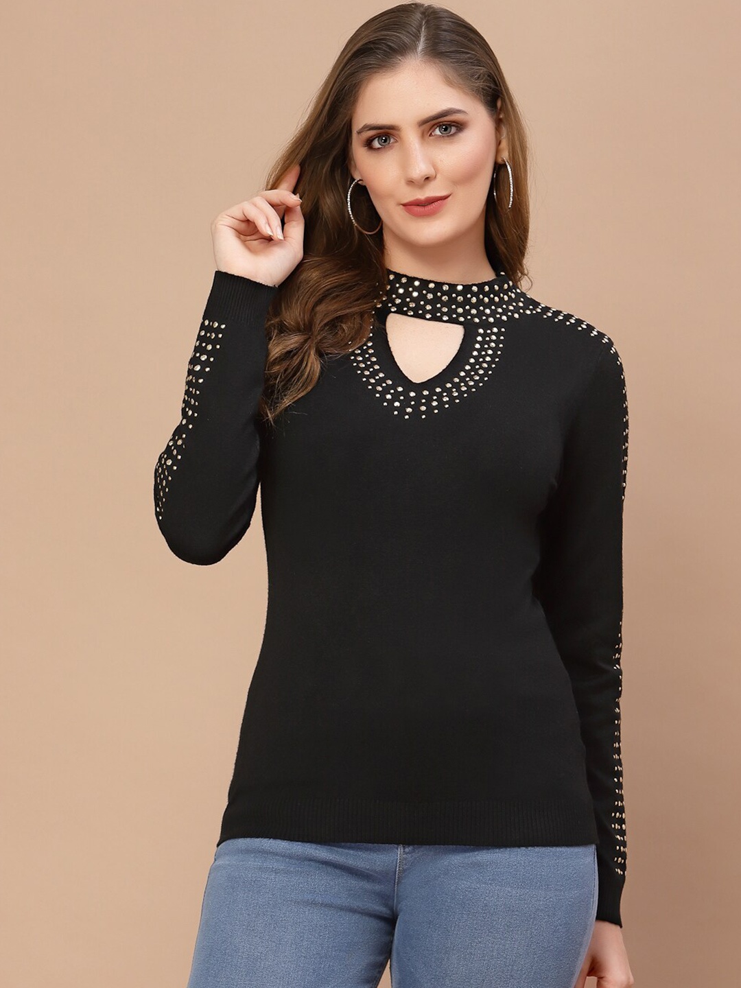 

Mafadeny Women Black & Gold-Toned Pullover with Embellished Detail