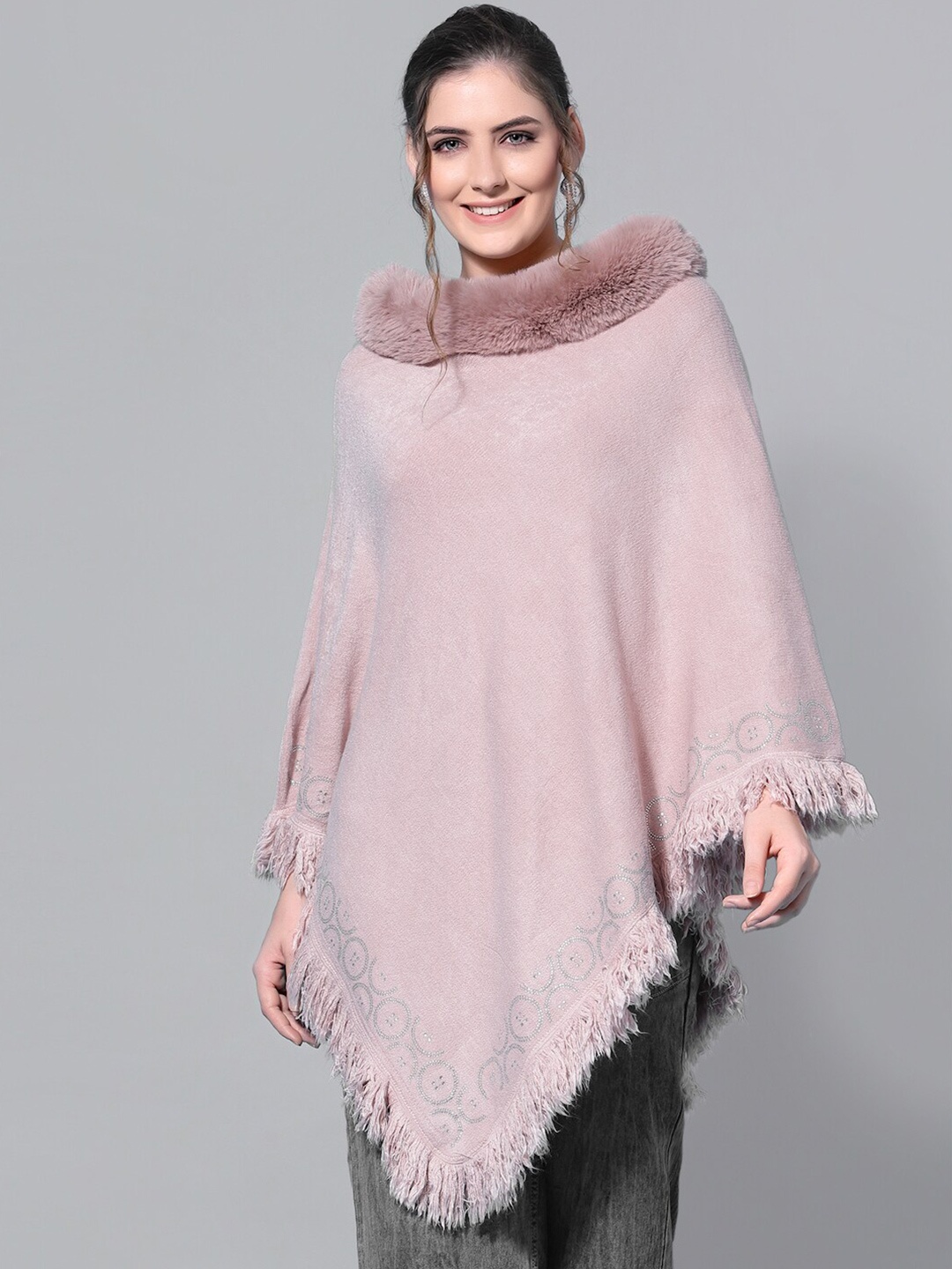 

Mafadeny Women Peach-Coloured Poncho with Embellished Detail