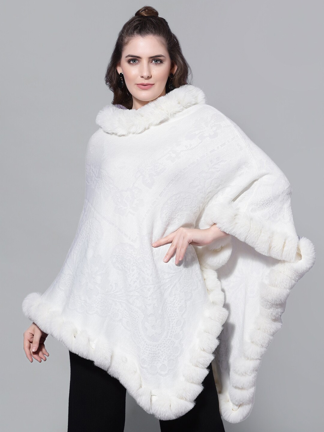

Mafadeny Women White Poncho with Embellished Detail