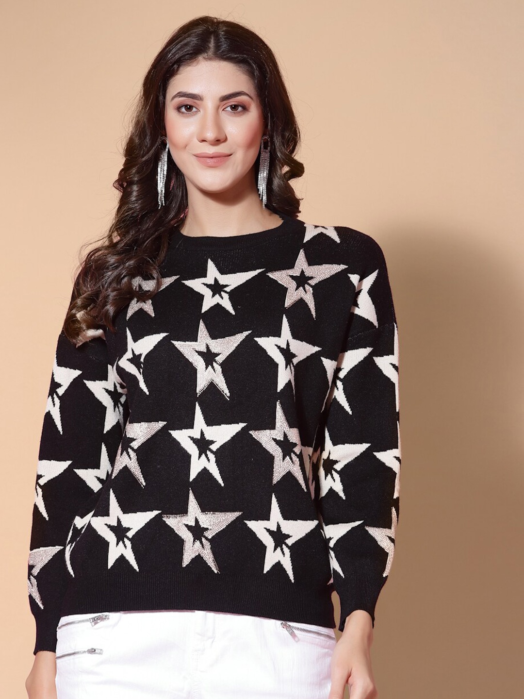 

Mafadeny Women Black & White Printed Pullover with Embellished Detail