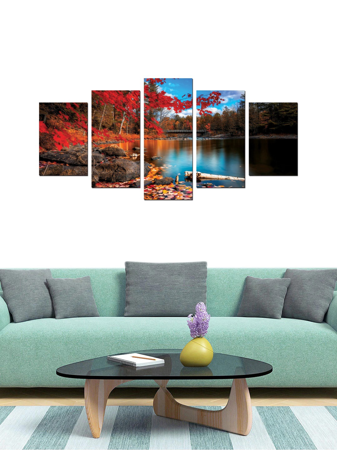 

Gallery99 Set Of 5 Red & Blue Printed Autumn Forest Framed Wall Painting