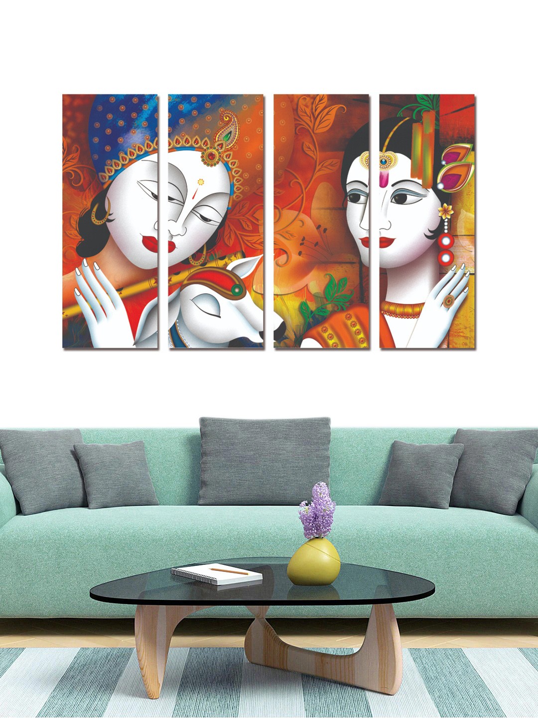 

Gallery99 Set Of 4 Orange-Colored & White Printed Radha Krishna With Nandi Framed Wall Painting