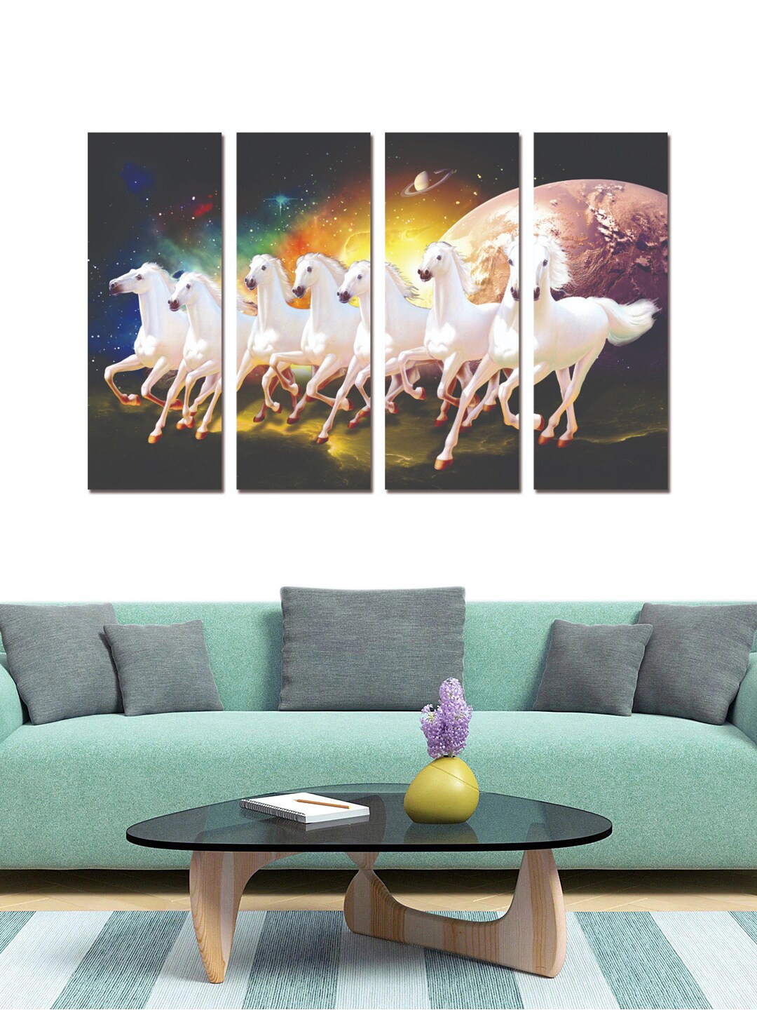 

Gallery99 Set Of 4 White & Black Lucky 7 Running Horse Painting Wall Art