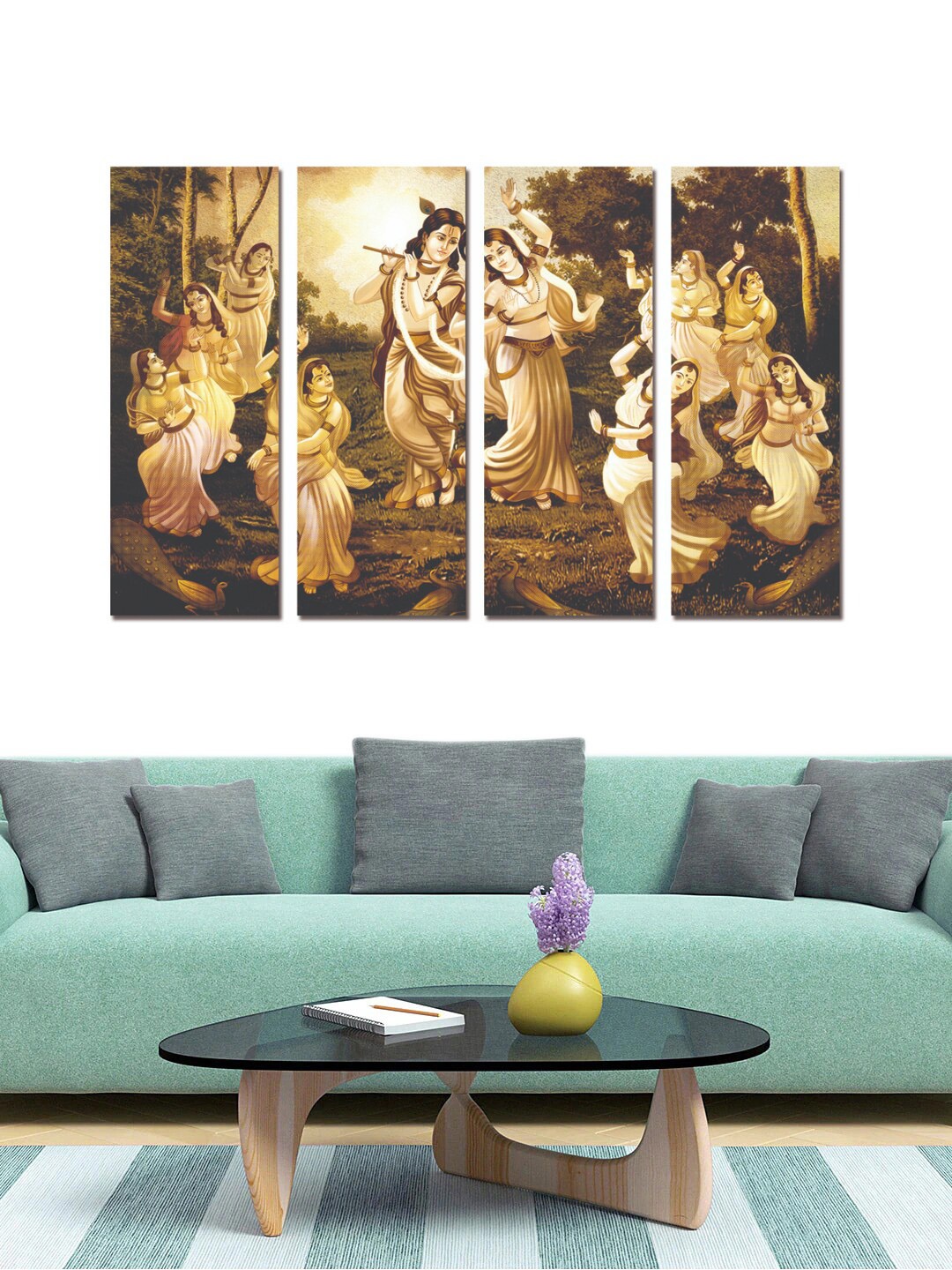 

Gallery99 Set Of 4 Brown Radha Krishna In Garden With Gopis Painted Wall Art