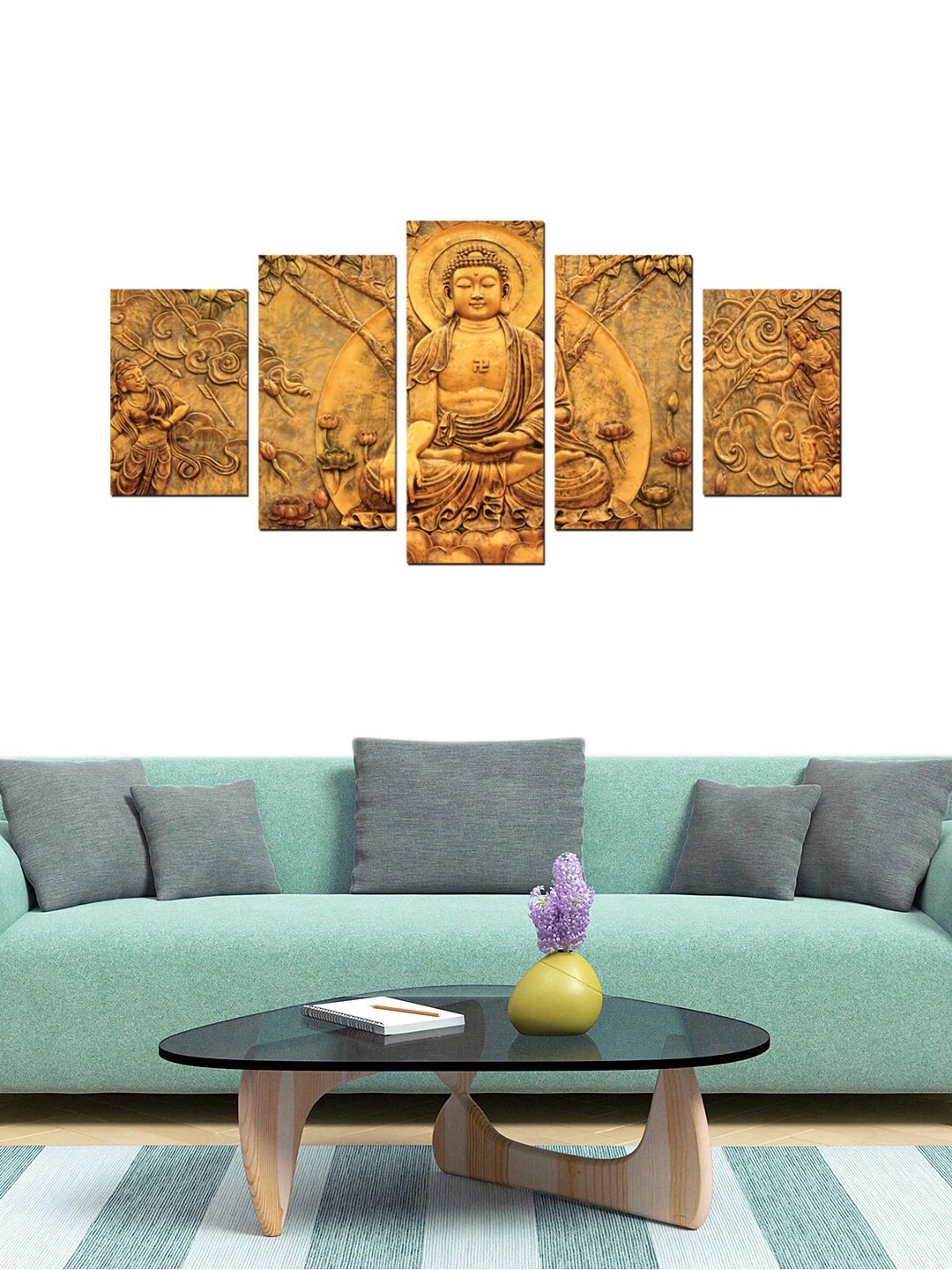 

Gallery99 Set Of 5 Buddha Meditation Pinewood High Quality Painting Wall Art, Brown