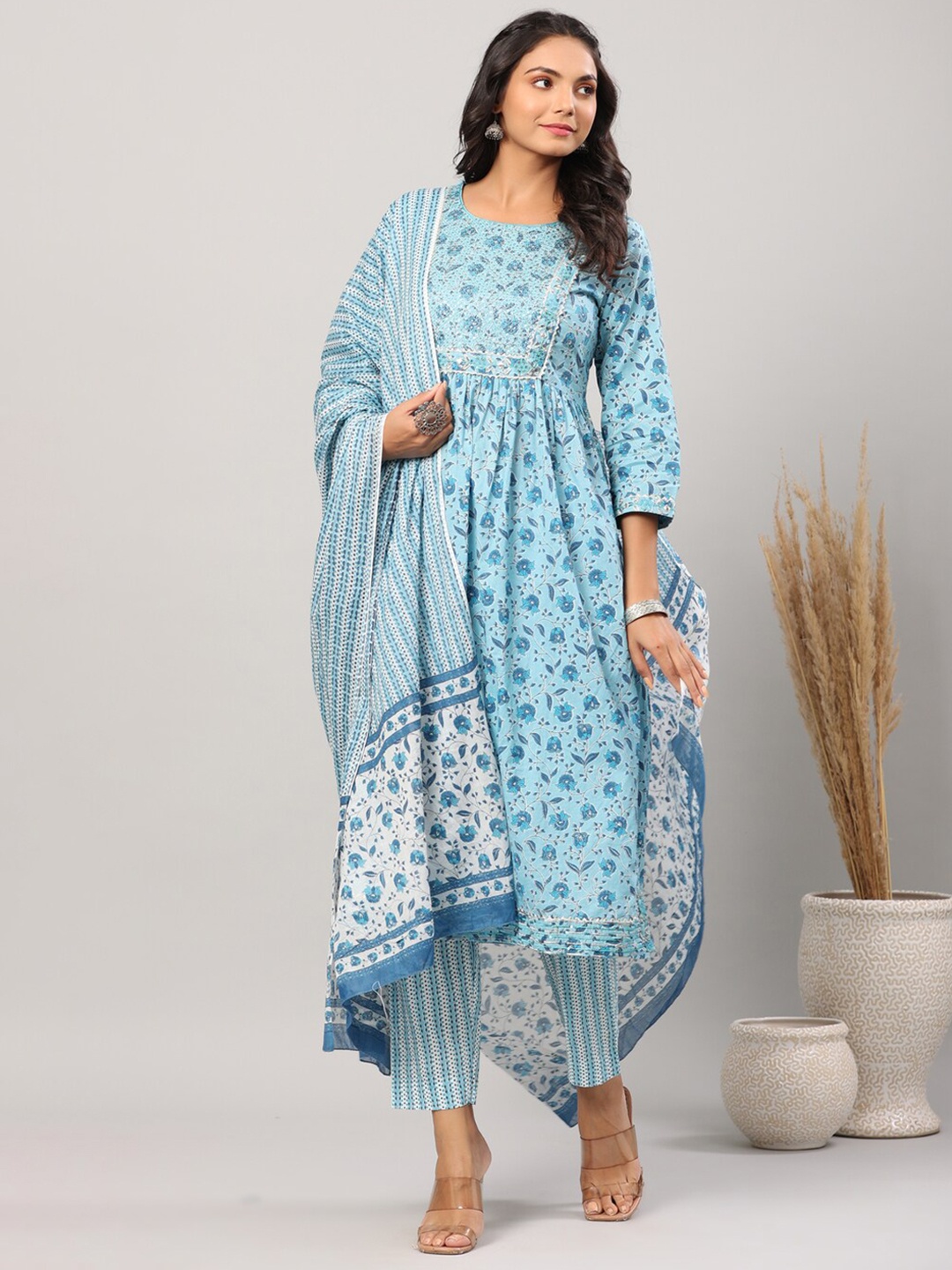 

ETHNIC STREET Women Turquoise Blue Floral Embroidered Tiered Pure Cotton Kurta with Trousers & With Dupatta