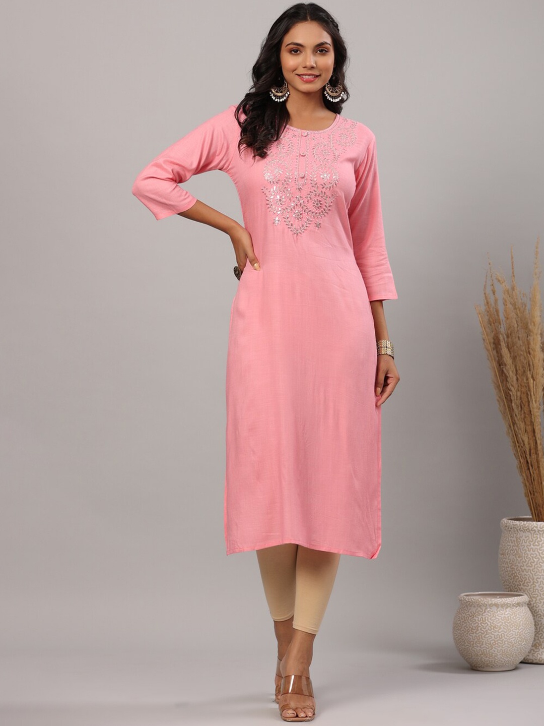 

ETHNIC STREET Women Peach-Coloured Solid Yoke Design Straight Fit Kurta