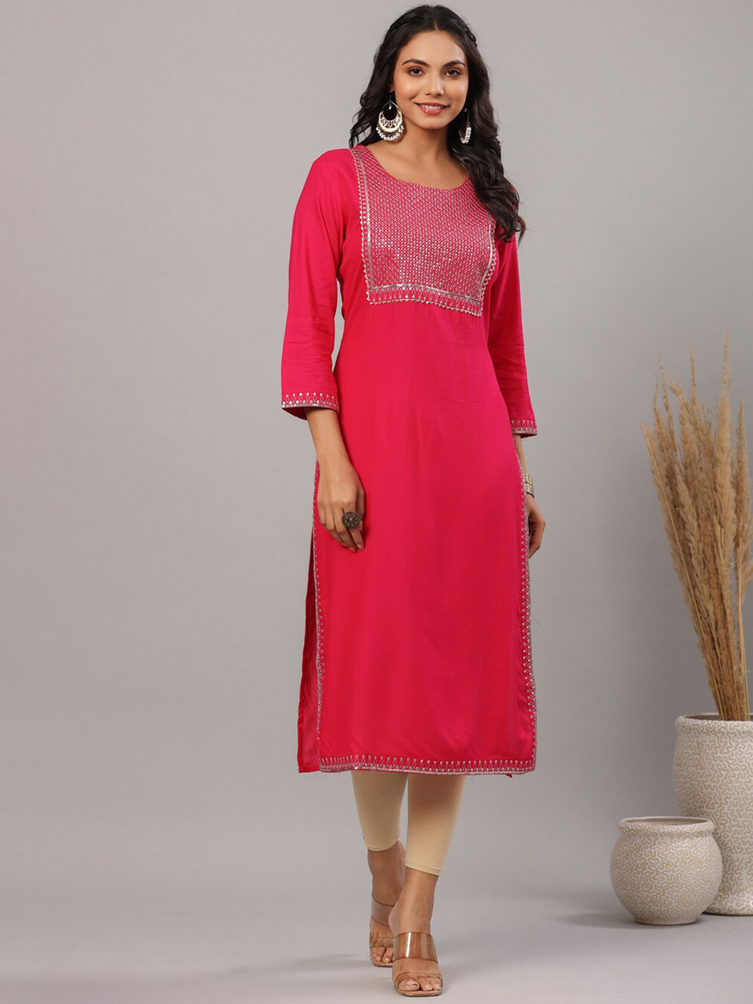 

ETHNIC STREET Women Pink Solid Yoke Design Straight Fit Kurta